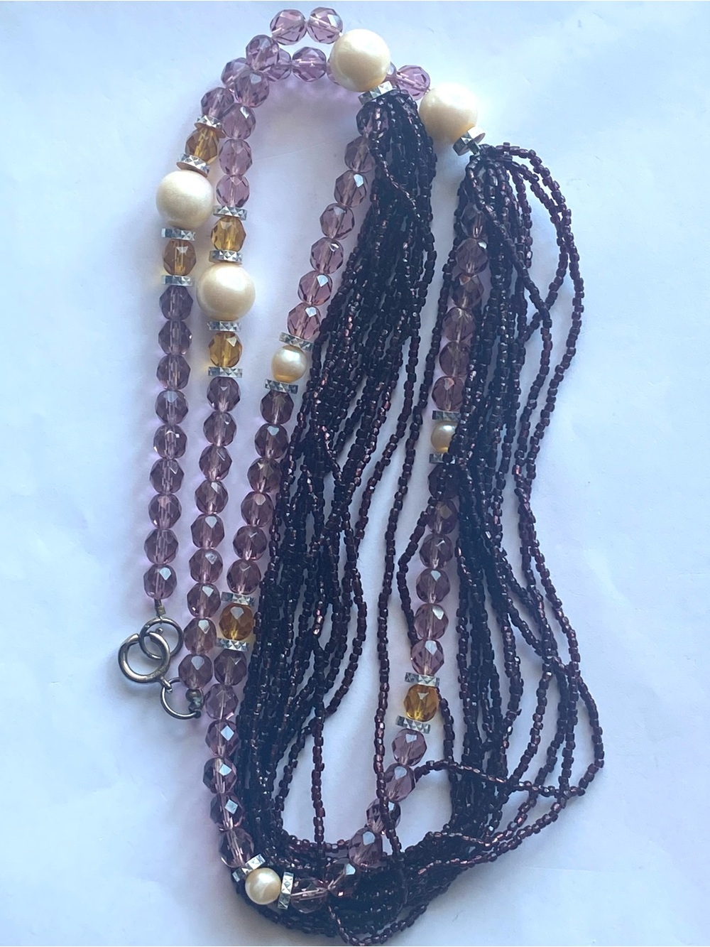1980s Purple Glass & Mauve Glass Seed Bead Multi-Strand Necklace with Faux Pearl
